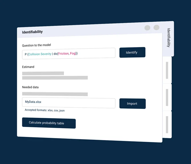 Benutzeroberfläche zur Formulierung kausaler Abfragen mit Eingabefeldern für Modellfragen, Estimand, Datenupload und einem Button zur Wahrscheinlichkeitsberechnung.